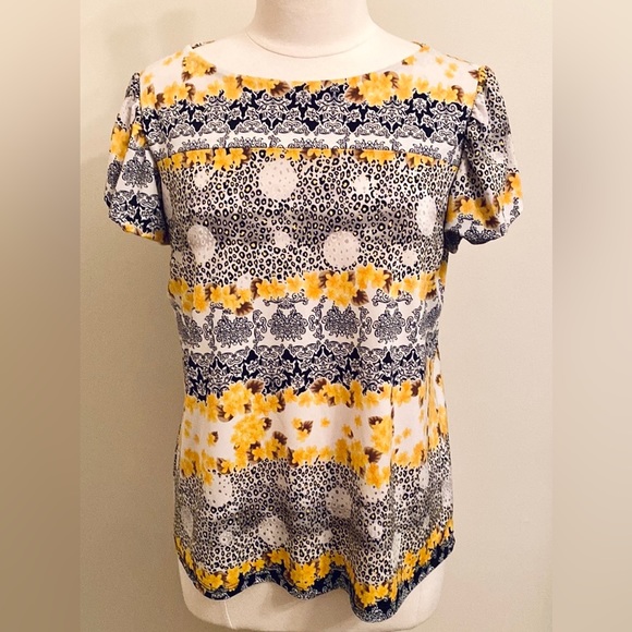 Tailor B. Moss Tops - Tailor B. Moss Yellow Black Floral Animal Print Puff Sleeves Crew Neck Top Large